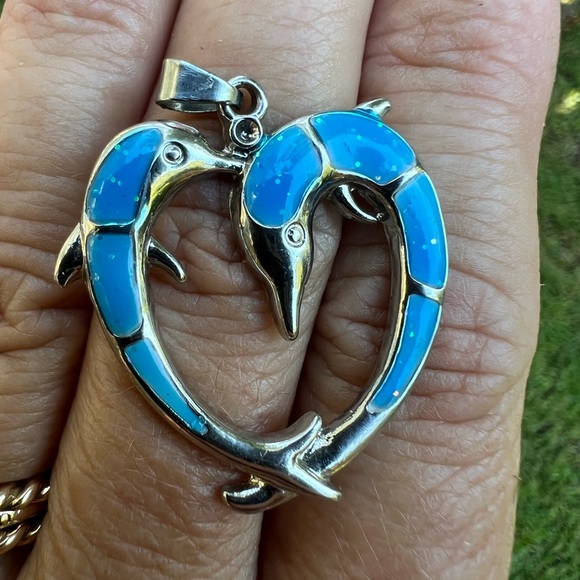 None Jewelry - Faux Blue Opal Double Dolphin Heart Pendant 👠